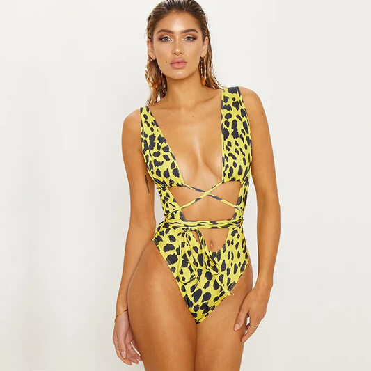 Leopard Print Deep V-Neck One Piece Swimsuit  Castello Clothing Line   