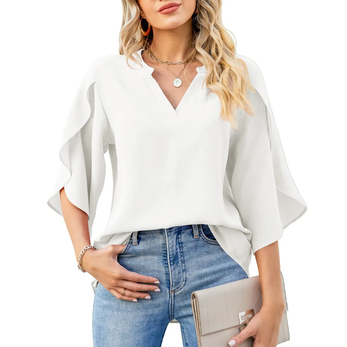 Pizzazz V-Neck Split 3/4 Sleeve Flowy Blouse Castello Clothing Line