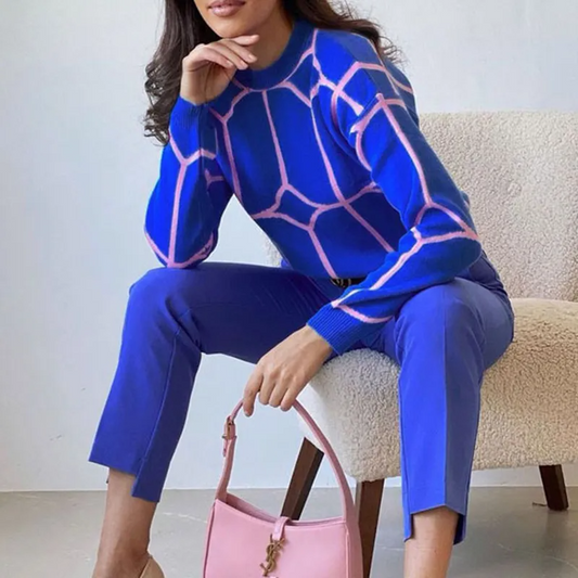 Serenade Geometric Pattern Long Sleeve Crew Neck Knit Sweater Castello Clothing Line