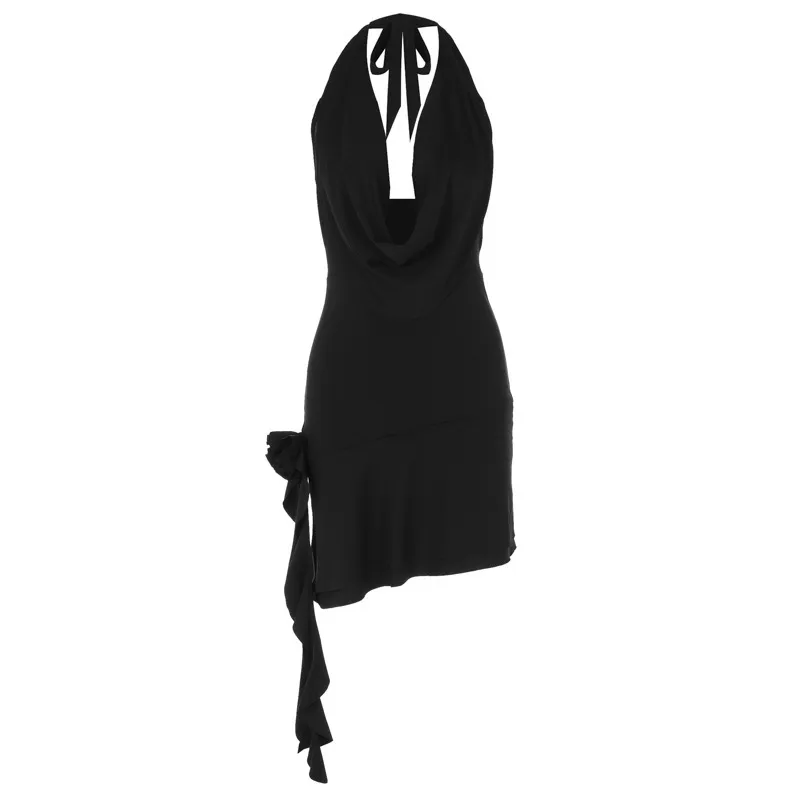 Freyja Cowl Neck Halter Ruffle Hem Rosette Detail Mini Dress Castello Clothing Line