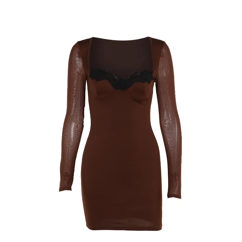 Astra Sheer Long Sleeve Lace Trim Bodycon Mini Dress mini dress Castello Clothing Line