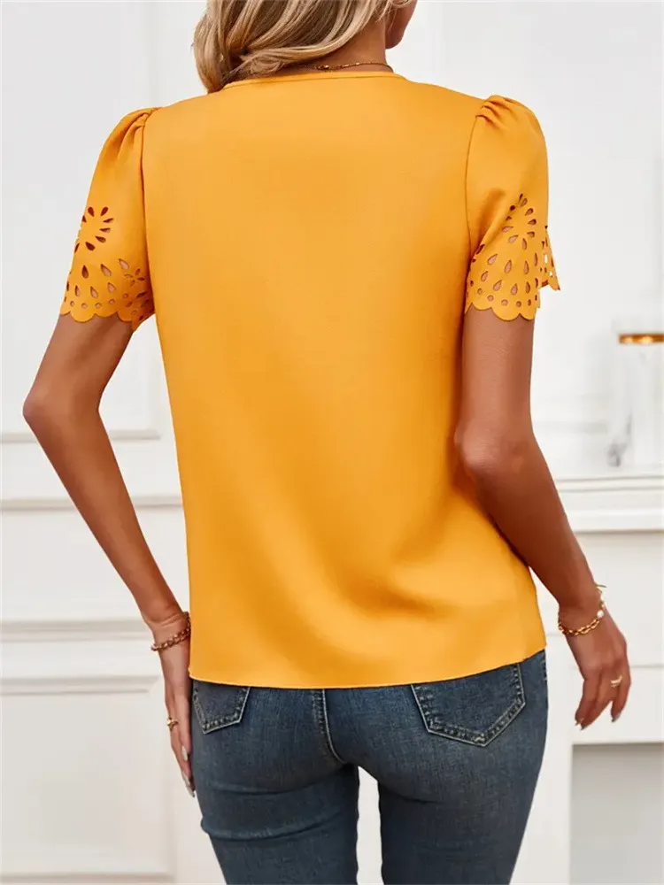 Golden Bloom Eyelet Puff Sleeve V-Neck Blouse Castello Clothing Line