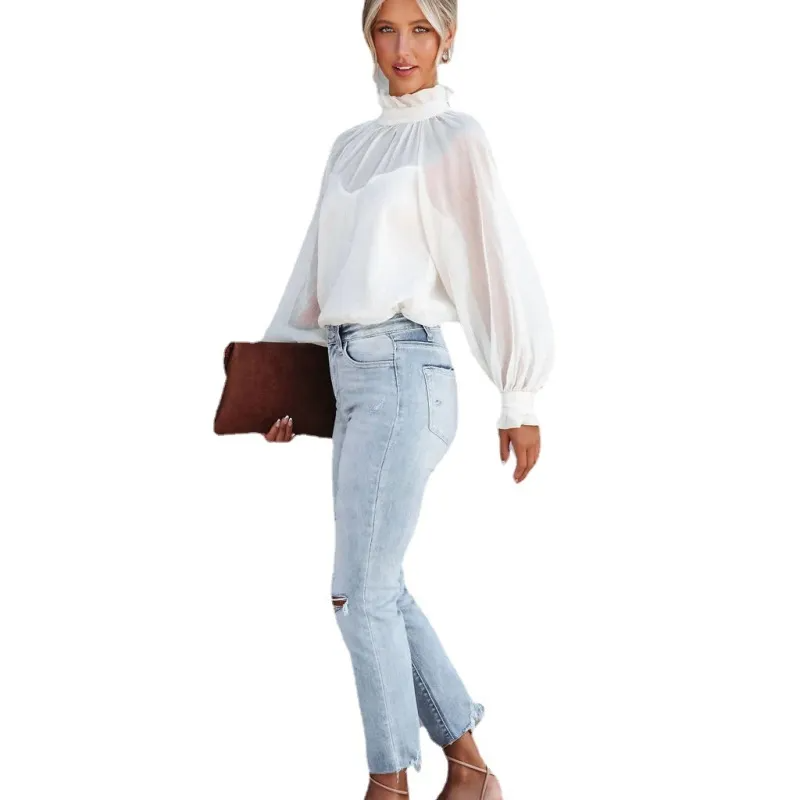 Ethereal Elegance Sheer Mock Neck Balloon Sleeve Blouse Castello Clothing Line