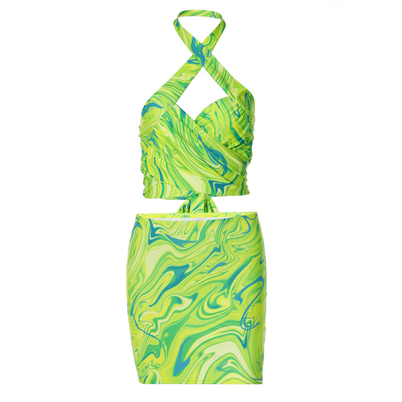 Halter Wrap Top & Short Skirt Set - Sleeveless, Deep V-Neck, Slim Fit - Spandex/Milk Fiber/Polyester  Castello Clothing Line   