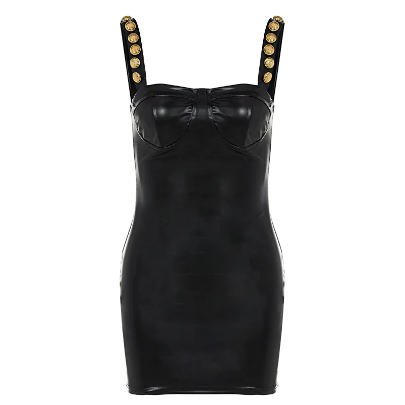 Briana Gold Button Strap Faux Leather Bodycon Mini Dress Castello Clothing Line