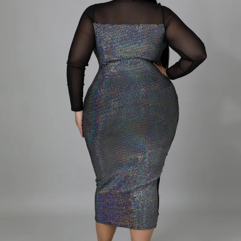 Reese Plus Size Glitter Mesh Panel Bodycon Midi Dress midi dress Castello Clothing Line
