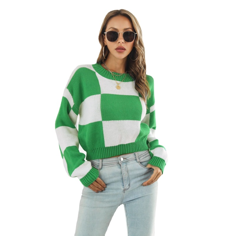 Impact Checkered Knit Cropped Long Sleeve Sweater Castello Clothing Line