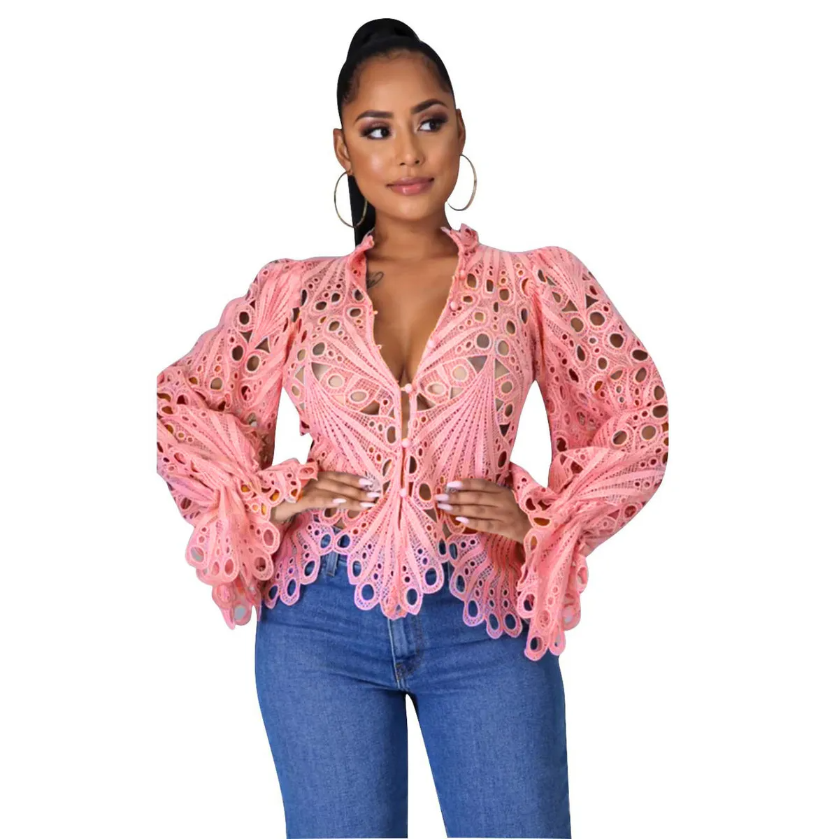 Desire Lace Cutout Ruffle Sleeve Button-Up Blouse Castello Clothing Line