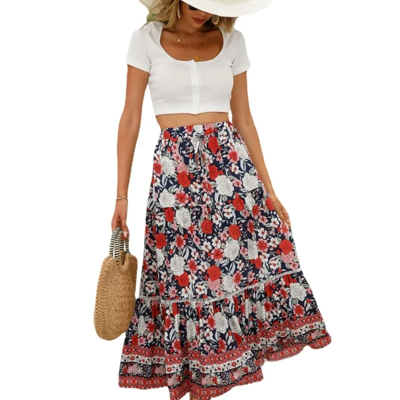 High Waist Floral Maxi Skirt with Stretch Waist Band - Breathable Polyester/Spandex Blend  Castello Clothing Line   