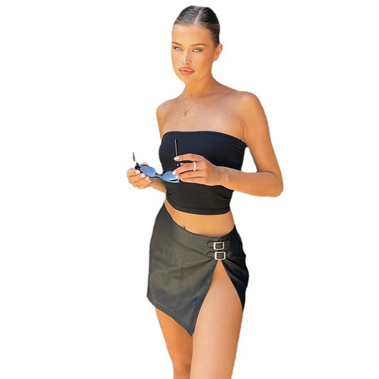 Faux Leather High Slit Mini Skirt with Metal Buckle Detail - Low Waist - PU Leather/Spandex  Castello Clothing Line   