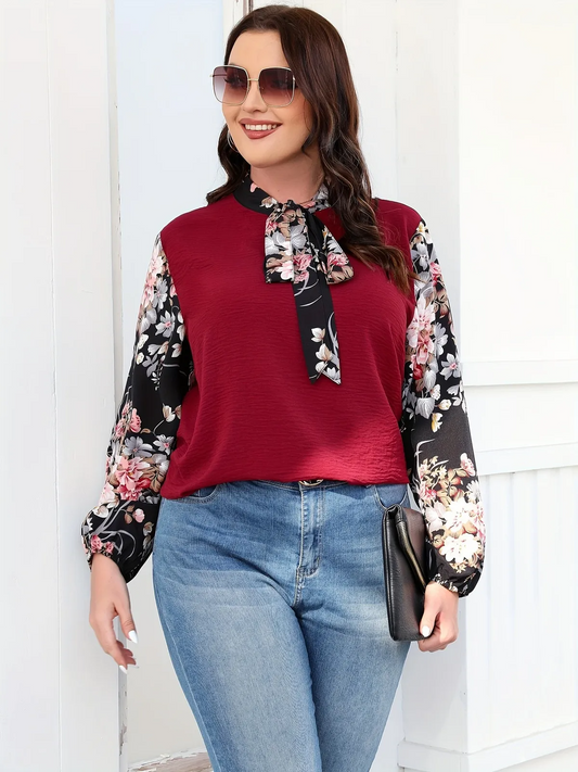 FierceBloom Tie Neck Floral Sleeve Plus Size Blouse Castello Clothing Line