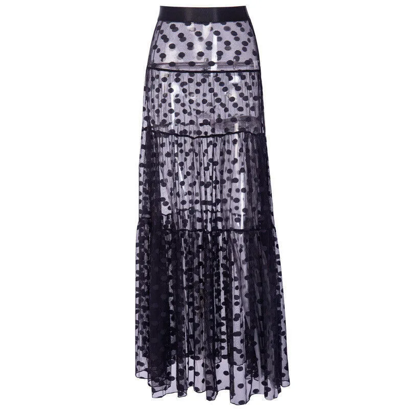 Bohemian Sheer Polka Dot Maxi Skirt - Flowing Tiered Design, Cotton/Polyester Material, Summer Fashion  Castello Clothing Line   