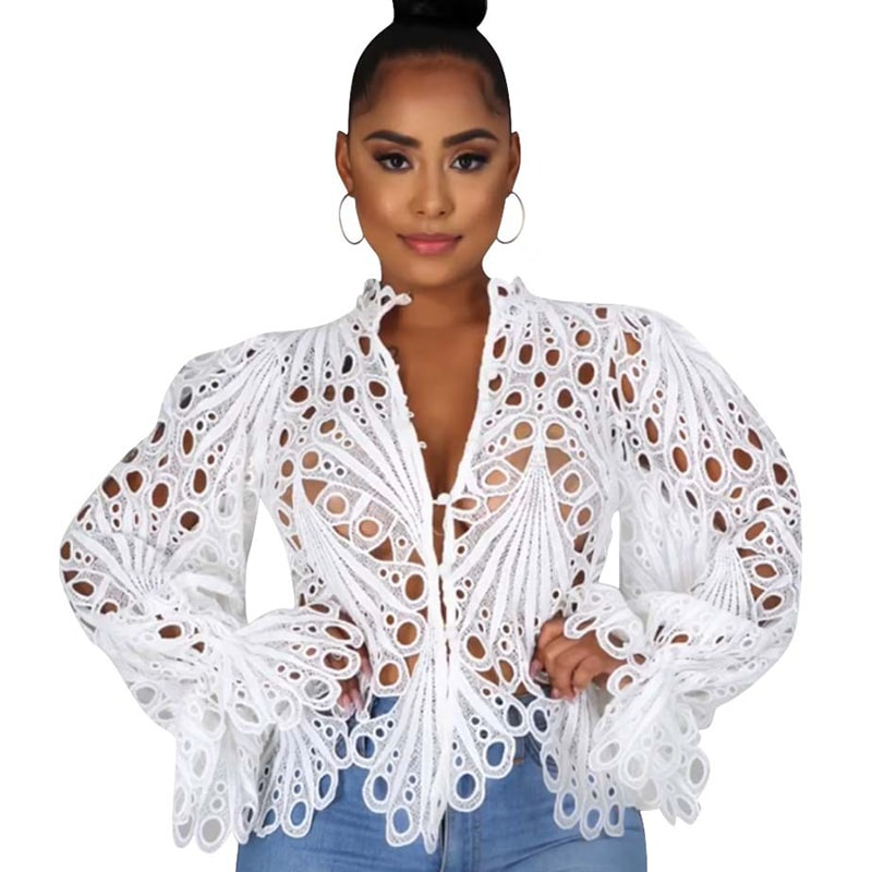 Desire Lace Cutout Ruffle Sleeve Button-Up Blouse Castello Clothing Line