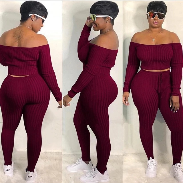 Plus Size Off Shoulder Pants Set - Long Sleeves, Slim Fit, Drawstring Waist - Cotton/Fiber Blend  Castello Clothing Line   