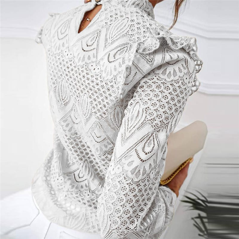 Top It Off Lace Ruffle Long Sleeve High-Neck Blouse Castello Clothing Line