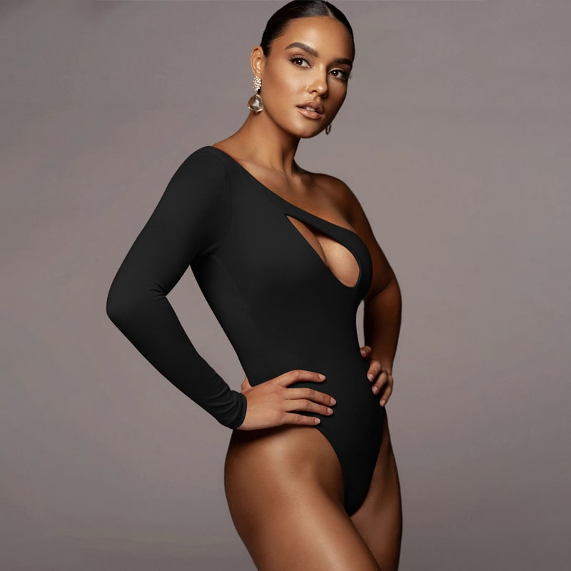 Cut Out One Shoulder Bodysuit - Stylish One-Shoulder Design, Milk Silk/Polyester Blend, Flattering Cut-Out Detail  Castello Clothing Line   