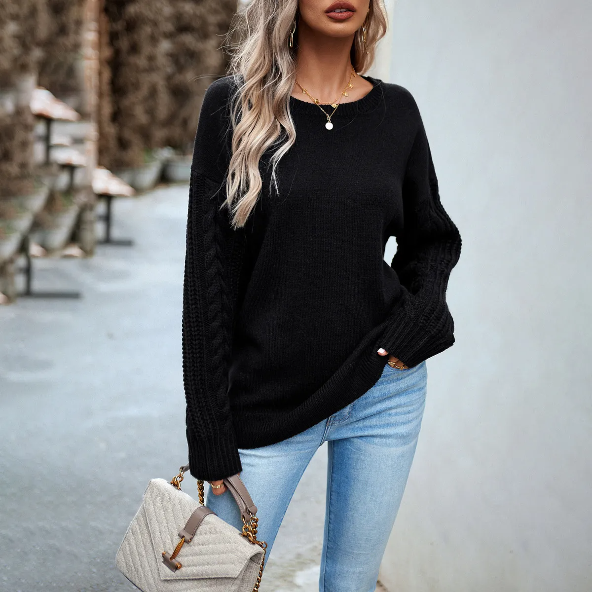 Hotline Cable Knit Long Sleeve Crewneck Sweater Castello Clothing Line