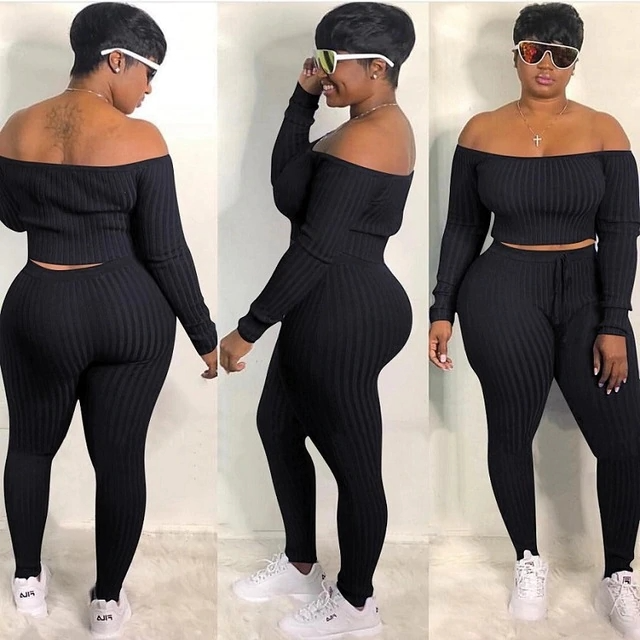 Plus Size Off Shoulder Pants Set - Long Sleeves, Slim Fit, Drawstring Waist - Cotton/Fiber Blend  Castello Clothing Line   