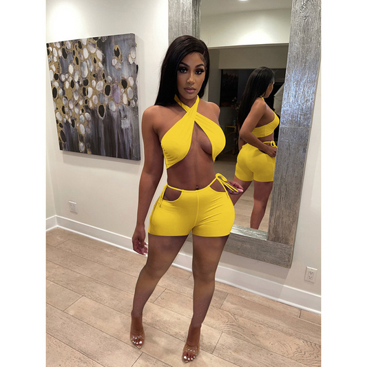 Vixen Crisscross Halter Cutout Tie Waist Shorts Set  Castello Clothing Line   