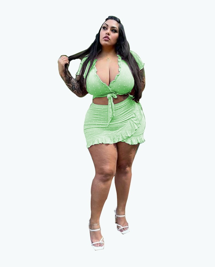 Plus Size Ruffled Polka Dot Wrap Skirt Set - Short Sleeve V-Neck Top & Mini Skirt  Castello Clothing Line   