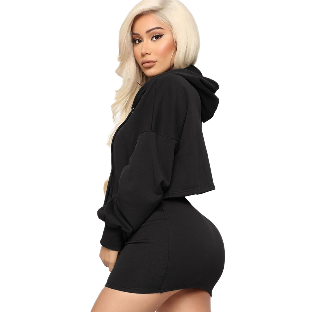 Cropped Hooded Sweater & Drawstring Skirt Set  Castello Clothing Line   