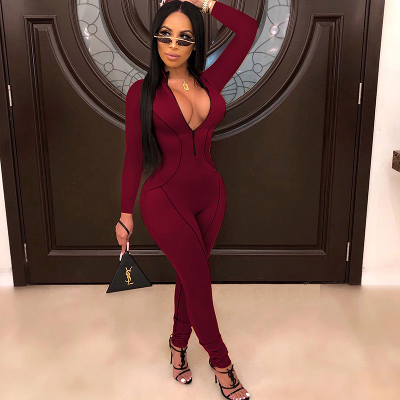 Milan Long Sleeve Zip Front Bodycon Jumpsuit women jumpsuits Castello Clothing Line