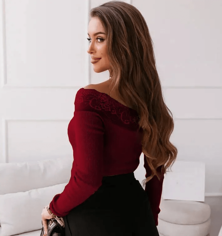 Scarlett Off-Shoulder Lace Trim Ribbed Knit Top Castello Clothing Line