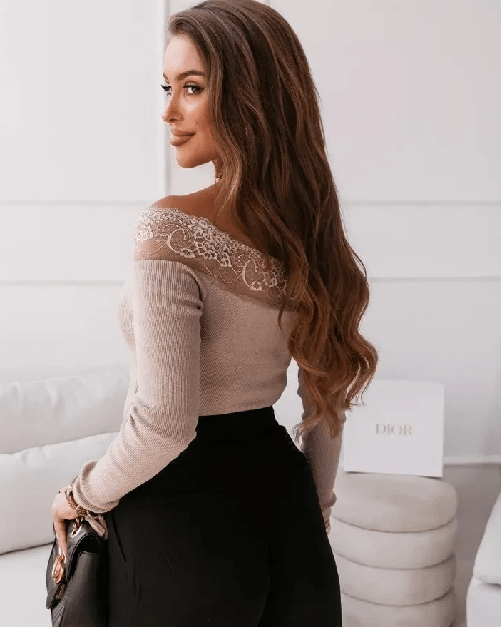 Scarlett Off-Shoulder Lace Trim Ribbed Knit Top Castello Clothing Line