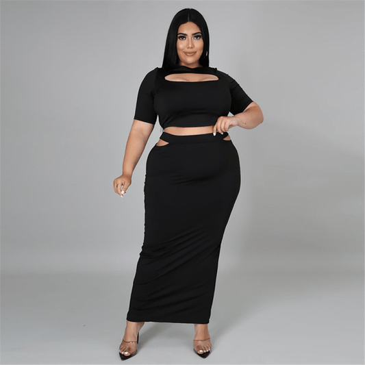 Plus Size Cut Out Top & Long Skirt Two Piece Set - Stylish and Flattering Plus Size Outfit  Castello Clothing Line   