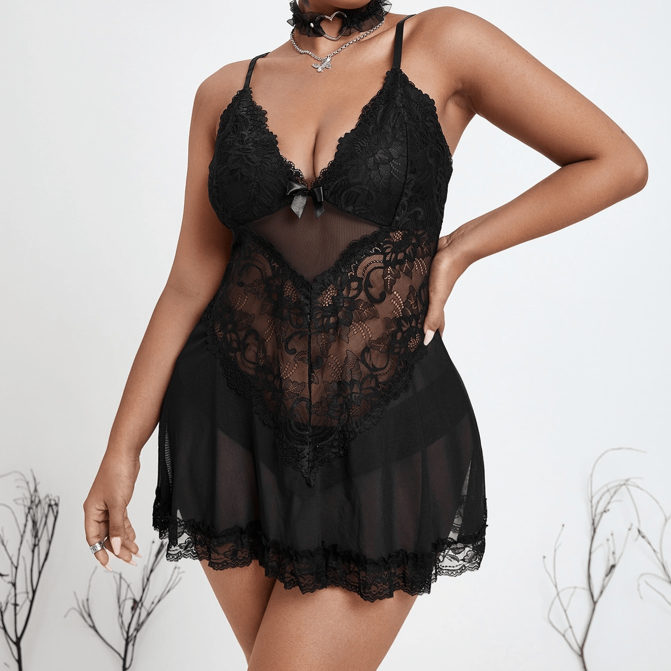 Plus Size Lace Mesh Nightie - Sheer Sleeveless Night Dress in Polyester/Lace  Castello Clothing Line   