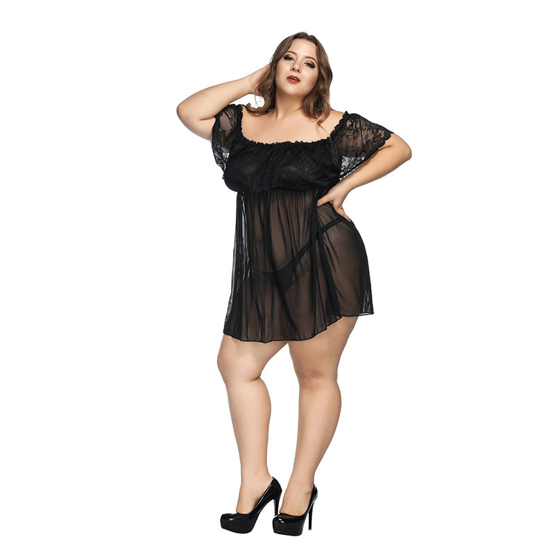 Plus Size Lace Off Shoulder Night Dress with Thong Panty - Sheer Lace/Polyester Material  Castello Clothing Line   