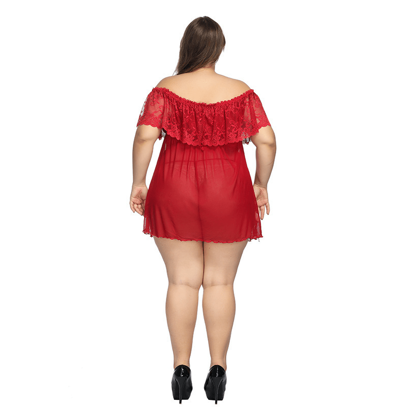 Plus Size Lace Off Shoulder Night Dress with Thong Panty - Sheer Lace/Polyester Material  Castello Clothing Line   