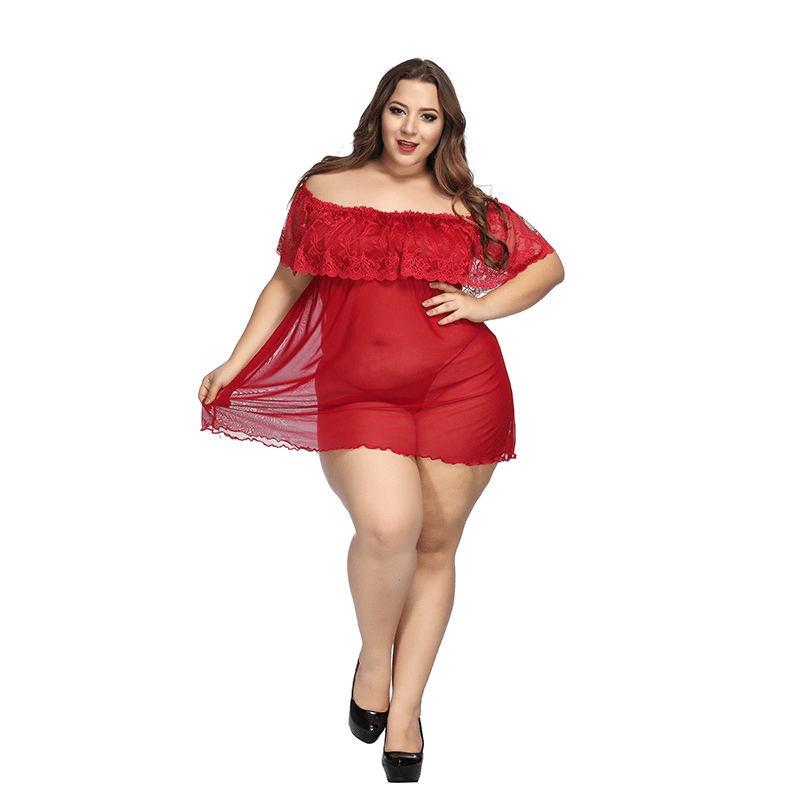 Plus Size Lace Off Shoulder Night Dress with Thong Panty - Sheer Lace/Polyester Material  Castello Clothing Line   