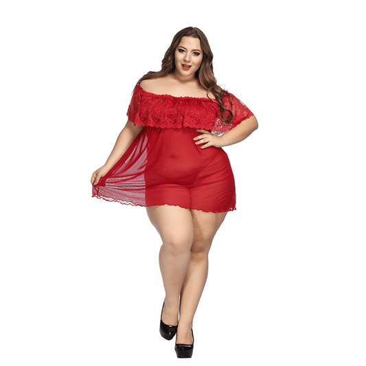 Plus Size Lace Off Shoulder Night Dress with Thong Panty - Sheer Lace/Polyester Material  Castello Clothing Line   