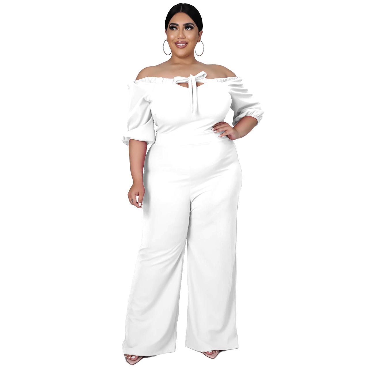 Hailey Plus Size Off-Shoulder Tie Front Wide-Leg Jumpsuit women jumpsuits Castello Clothing Line