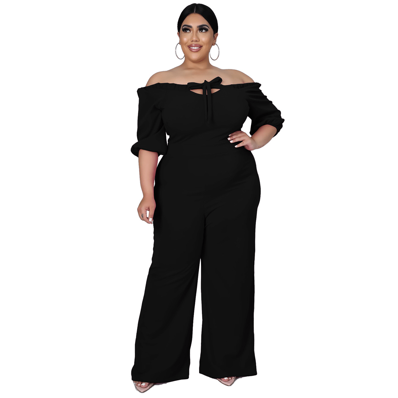 Hailey Plus Size Off-Shoulder Tie Front Wide-Leg Jumpsuit women jumpsuits Castello Clothing Line
