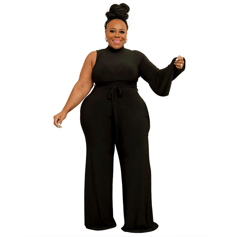 Rylee Plus Size One-Sleeve High Neck Belted Wide-Leg Jumpsuit women jumpsuits Castello Clothing Line
