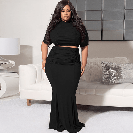 Plus Size 3/4 Sleeve Ruched Top & Fishtail Maxi Skirt Set  Castello Clothing Line   