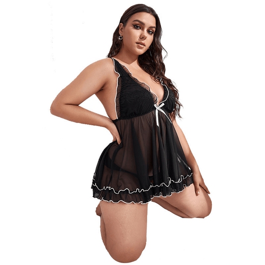 Plus Size Ruffle Backless V Neck Babydoll Lingerie  Castello Clothing Line   