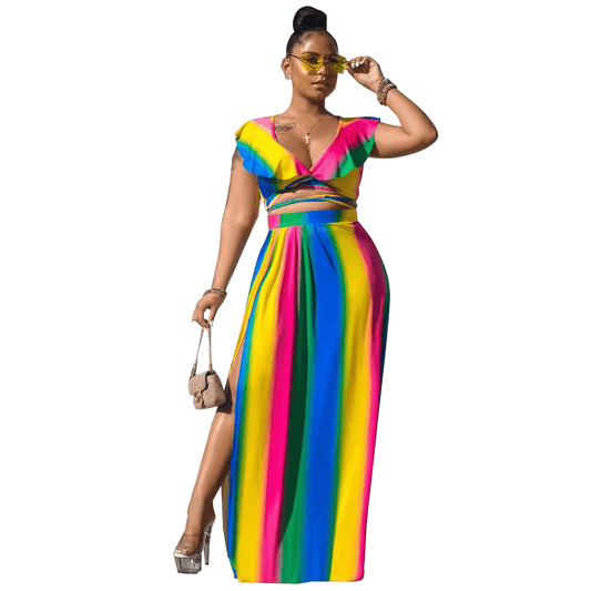 Plus Size Ruffle Wrap Top & Side Slit Maxi Skirt Set  Castello Clothing Line   