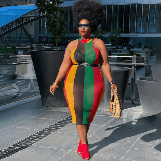 Plus Size Sheer Rasta Midi Bodycon Dress - Sexy Sleeveless Fit - Polyester Material  Castello Clothing Line   