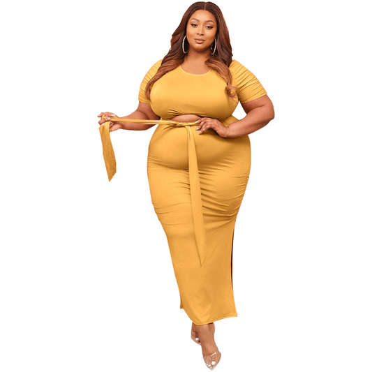 Plus Size Short Sleeve Top and Skirt Set - Side Slit Maxi Skirt - Polyester/Spandex  Castello Clothing Line   