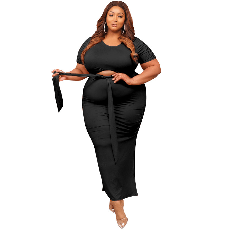 Plus Size Short Sleeve Top and Skirt Set - Side Slit Maxi Skirt - Polyester/Spandex  Castello Clothing Line   