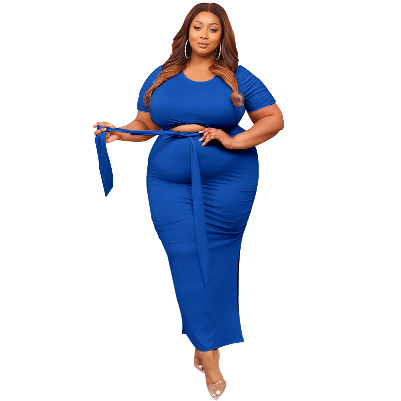 Plus Size Short Sleeve Top and Skirt Set - Side Slit Maxi Skirt - Polyester/Spandex  Castello Clothing Line   