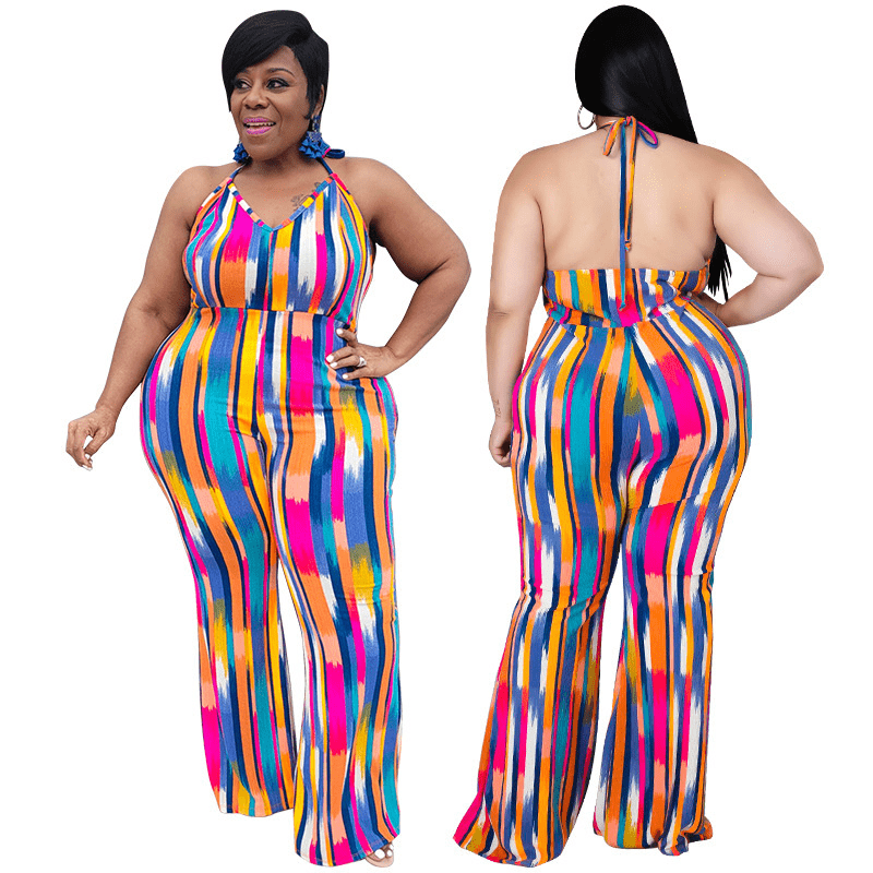 Callie Plus Size Printed Halter Open Back Wide Leg Jumpsuit women jumpsuits Castello Clothing Line