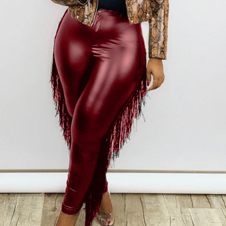 SassyStitch Plus-Size High-Rise Faux Leather Fringe Pants Castello Clothing Line