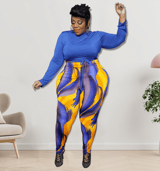 Plus Size Turtle Neck Top & Pencil Pants Set - Long Sleeve Zip Up Back, High Waist, Stretch Waist - Polyester Material  Castello Clothing Line   
