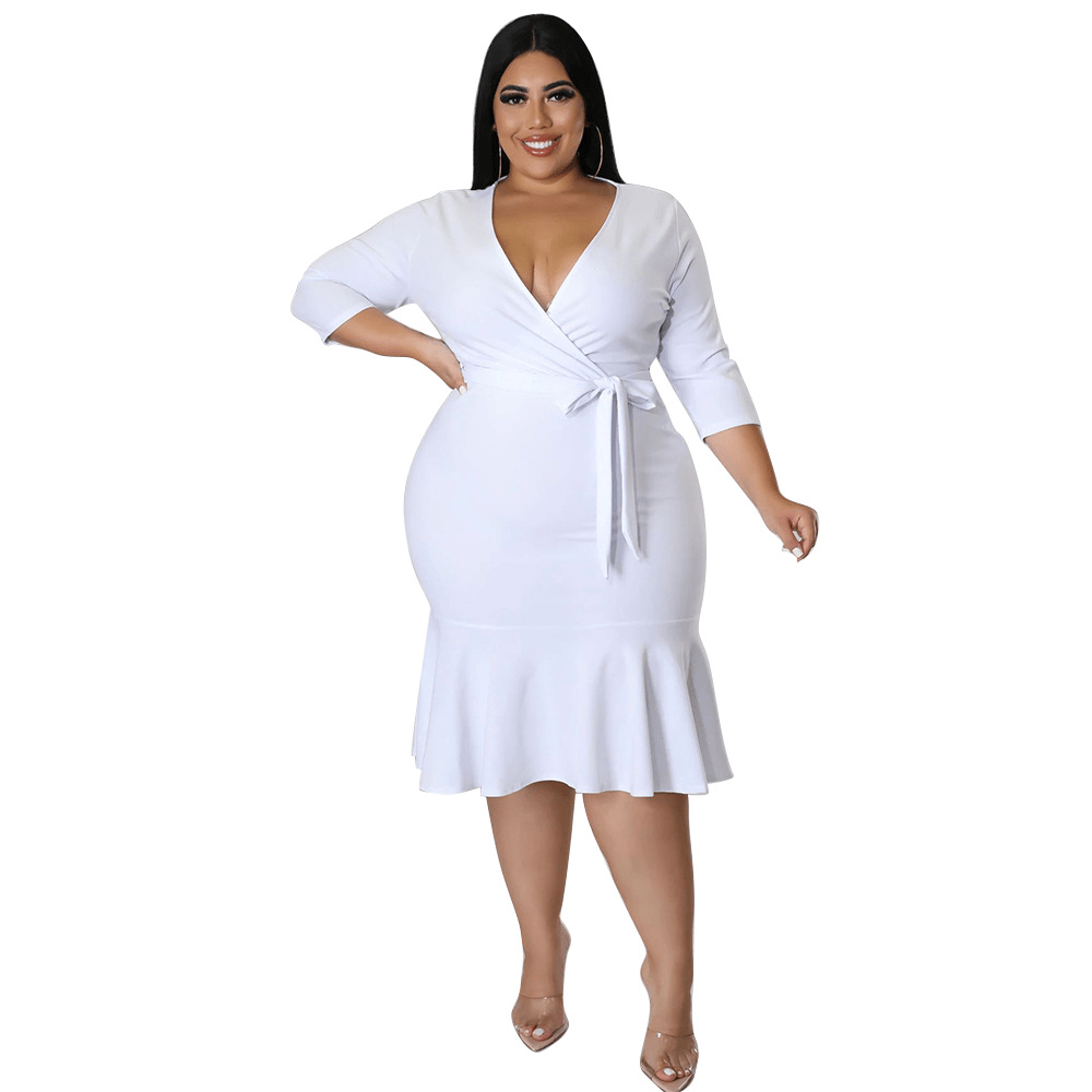 Thea Tie Waist V-Neck Flounce Hem Midi Dress Castello Clothing Line