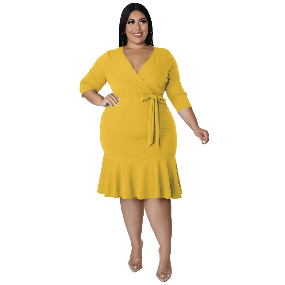 Thea Tie Waist V-Neck Flounce Hem Midi Dress Castello Clothing Line