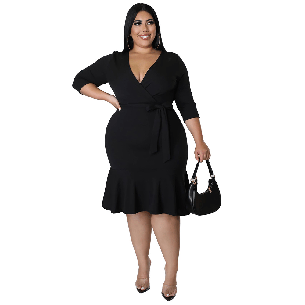 Thea Tie Waist V-Neck Flounce Hem Midi Dress Castello Clothing Line